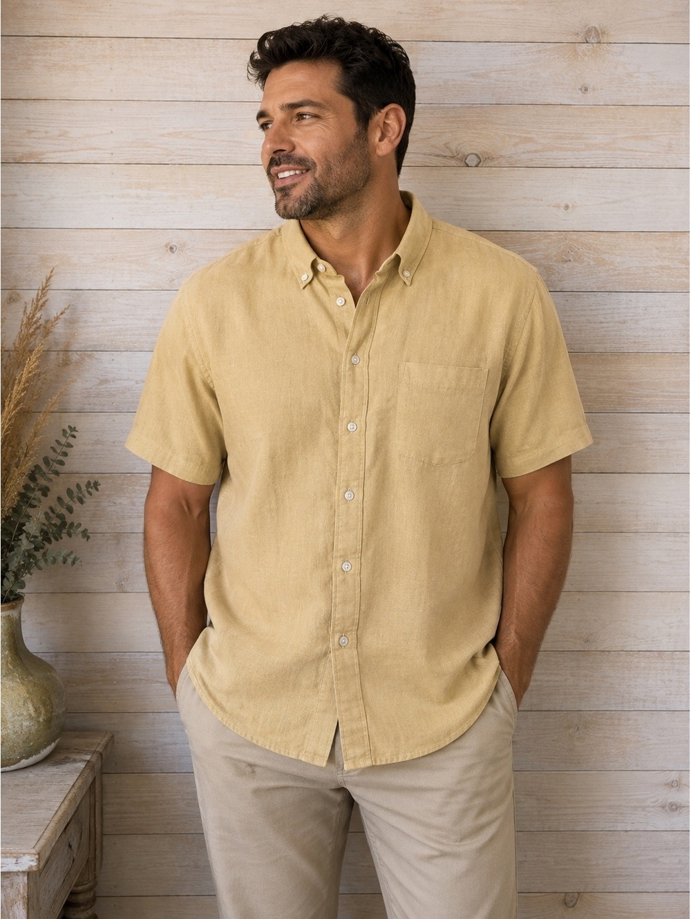 Everlane Men's 100% LINEN Short Sleeve Button Down Tan NWT  Size Large
